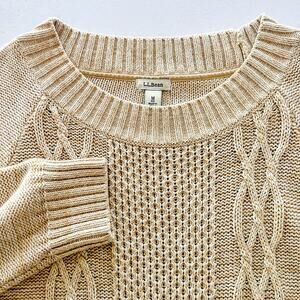 LL Bean Signature Sweater Womens M Tan Cotton Blend Fisherman Cable Knit Cream